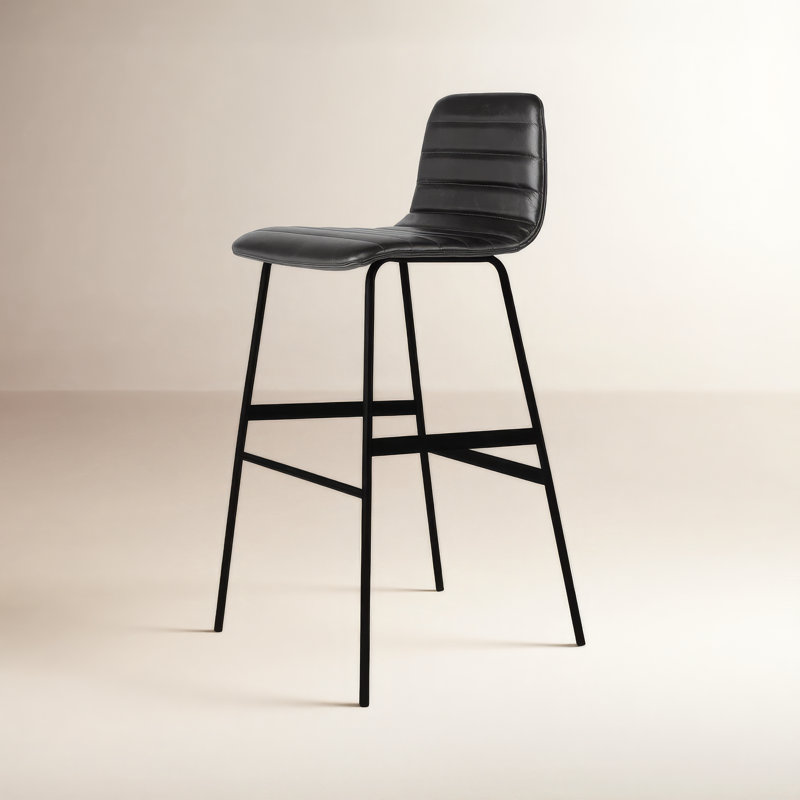 Upholstered Counter Stool with Metal Frame, Saddle Black Genuine Leather, Bar Stool (30" Seat Height)