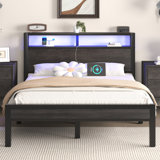 Dilem Bed Frame With LED Light, Industrial Platform Bed With Charging Station, 2-Tier Storage Headboard, No Box Spring Needed, Noise-Free, Strong Support Legs