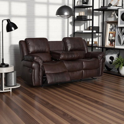 Canapé inclinable en cuir synthétique 81,1 po 3 places avec table rabattable et porte-gobelets, brun