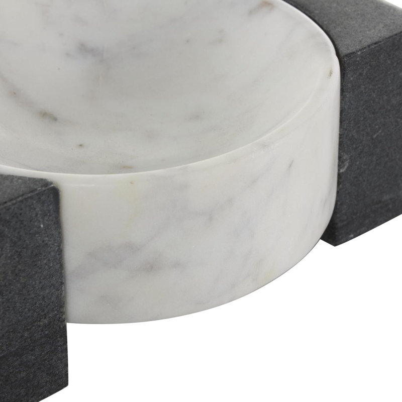 Cole And Grey Marble Round Geometric Tray With Black Rectangular Blocks, 3.1" H x 8.05" W x 5.9" D