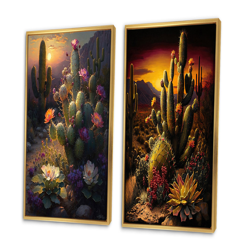 «Cactus In Desert», 2 pièces sur toile, H 32 po x l 32 po, Encadrement doré