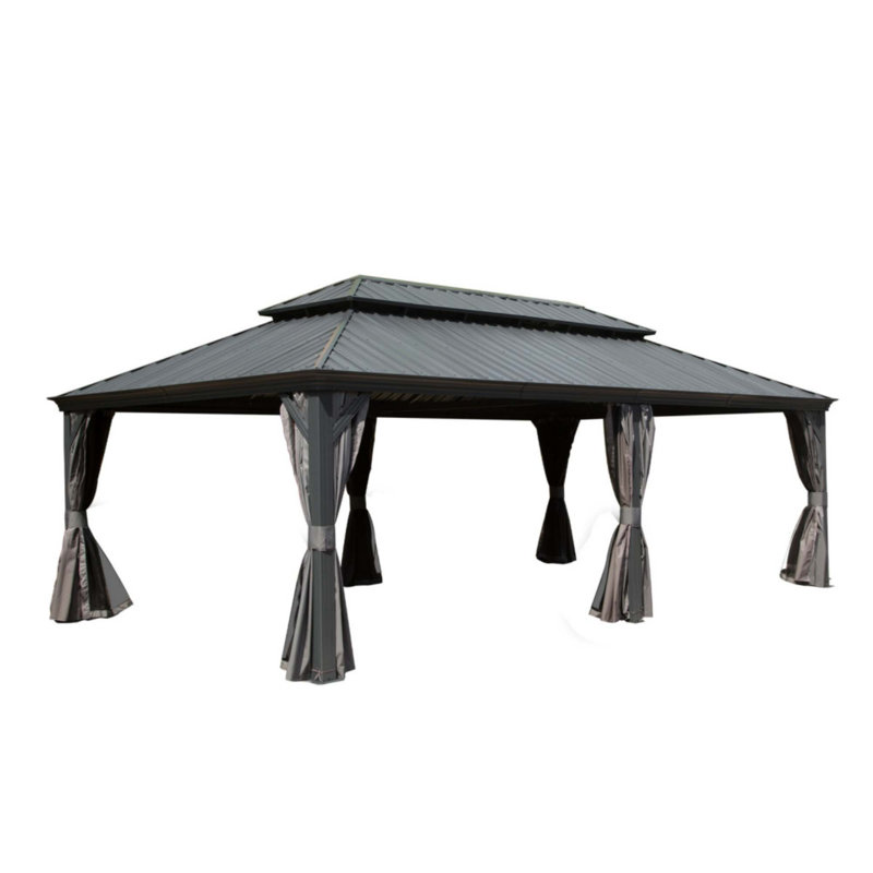 Hardtop Gazebo, Wooden Coated Aluminum Frame Canopy With Galvanized Steel Double Roof, Outdoor Permanent Metal Pavilion With Curtains And Netting For Patio, Deck And Lawn