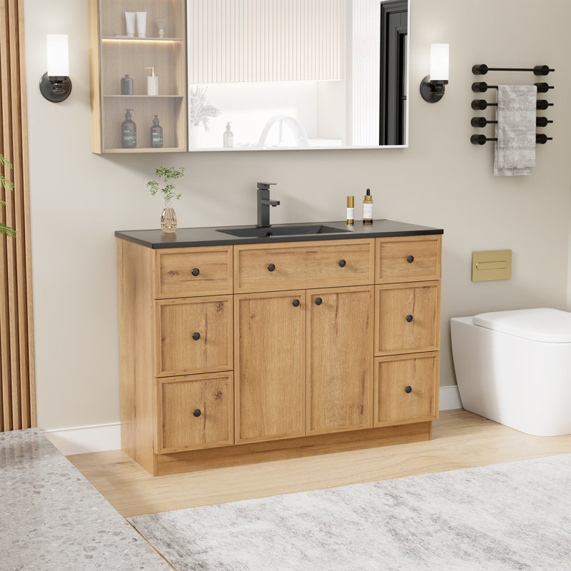 48" Single Sink Bathroom Vanity Set With Resin Sink Top, Assembly Required, Oak