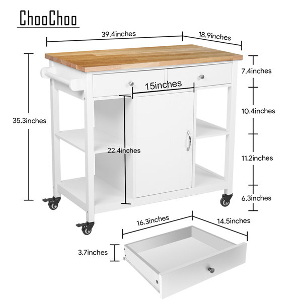 ChooChoo Kitchen Islands on Wheels with Wood Top, Utility Wood Movable  Kitchen Cart with Storage and Drawers, Black