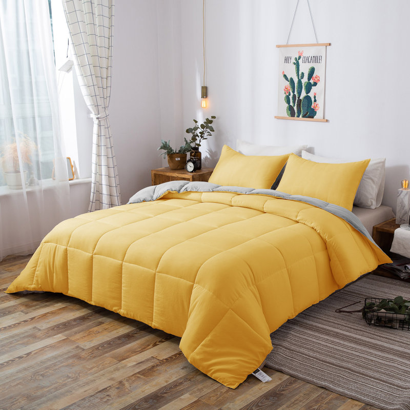 All Season Down Alternative Quilted Comforter Set-Reversible Bedding Set-Machine Washable, Yellow