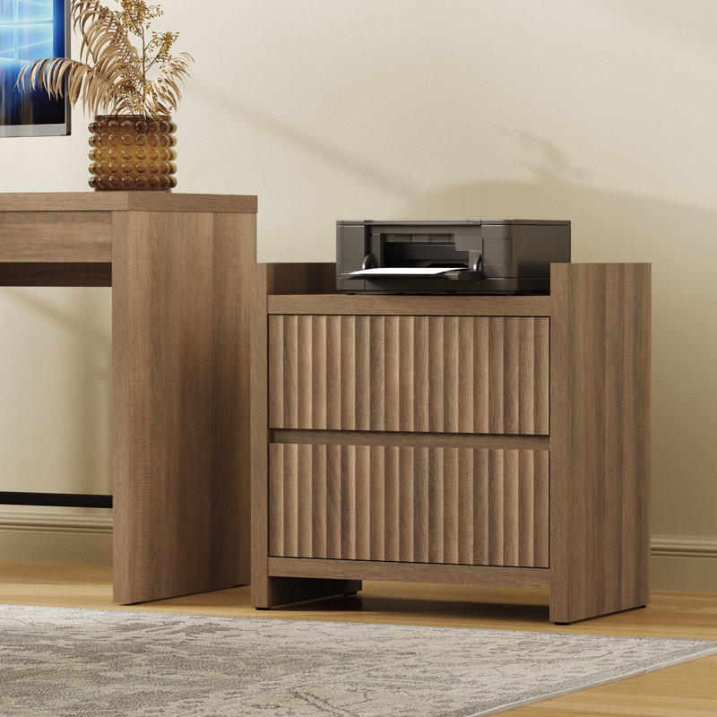 Bethlehem Modern Fluted 2-Drawer Nightstand With Charging Station, Caramel Oak
