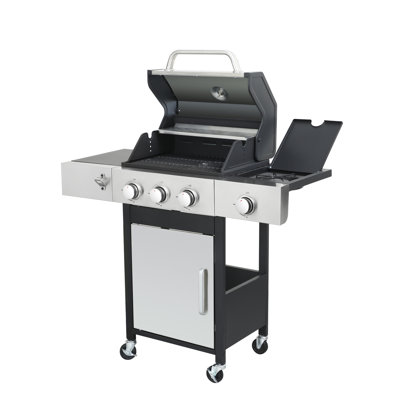 Barbecue au gaz avec 3 brûleurs, brûleur latéral et thermomètre en fonte émaillée 3 brûleurs au propane, roues portatives