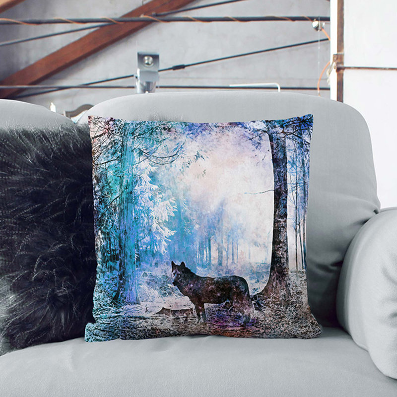 Wolf in a Magical Forest Cushion with Filling, 55cm H x 55cm W x 20cm D, Stone