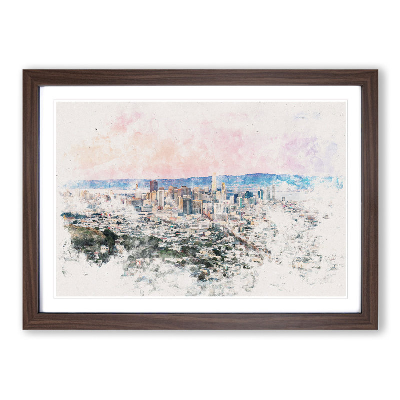 Evening Colours Of San Francisco - Single Picture Frame Painting on MDF, 36cm H x 48cm W x 2cm D, Walnut Framed