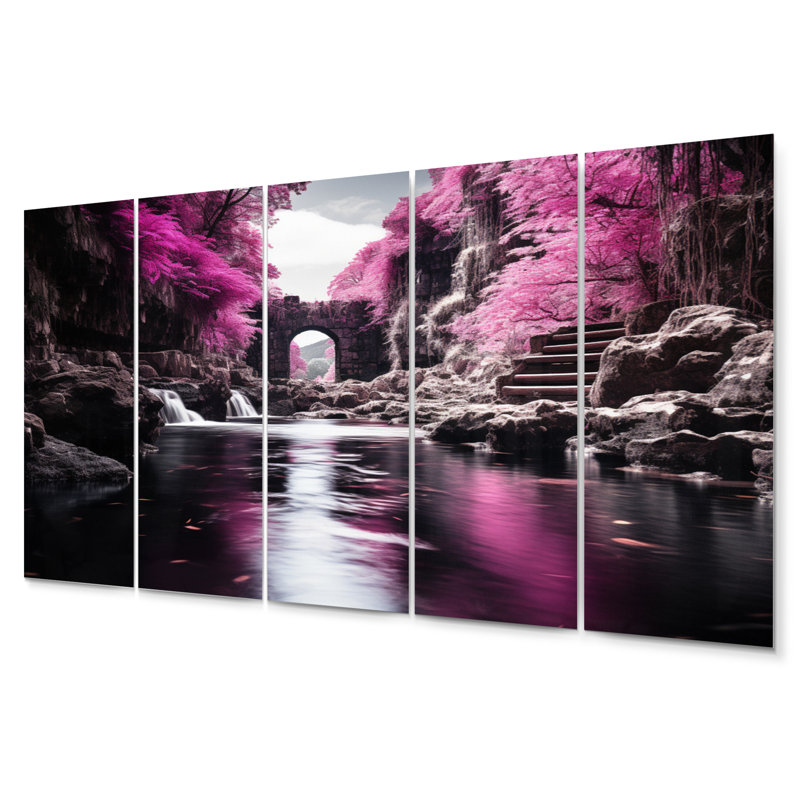 Ensemble de salon art mural en métal «Pink Tree Waterfall Uncharted Journey II»
