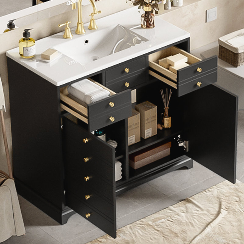 Armoire de rangement pour salle de bain avec lavabo en résine et 2 tiroirs, Noir, noir, noir, noir