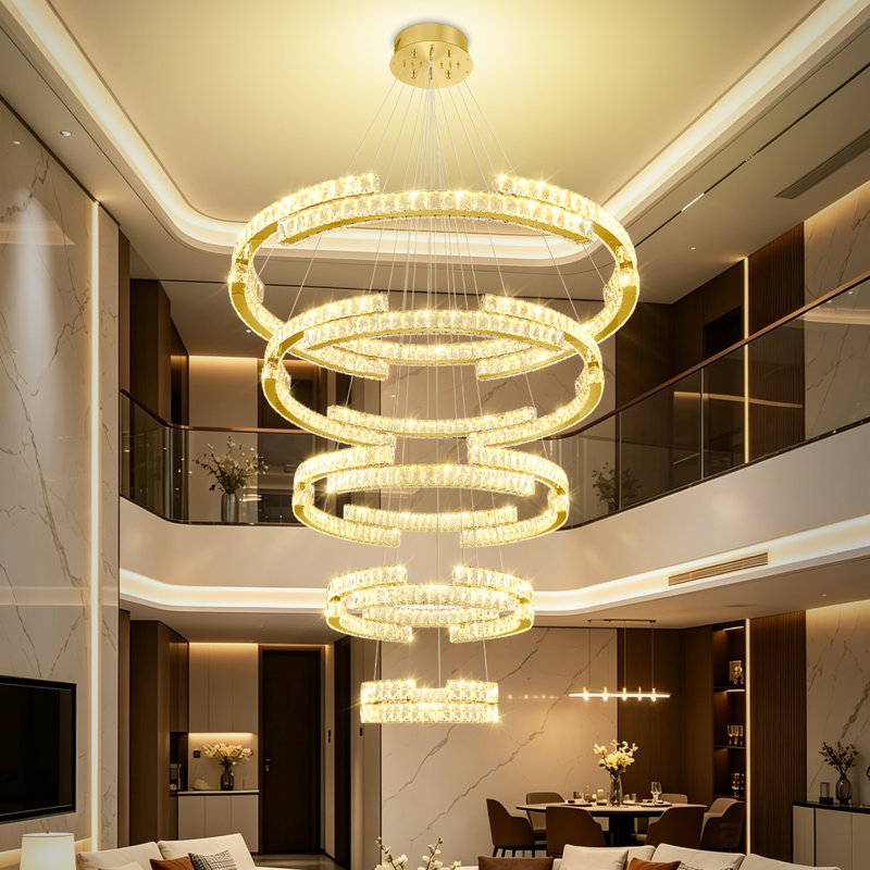 Grand lustre doré à 5 anneaux en cristal D47 "x H118" à intensité variable 2700k-6000k