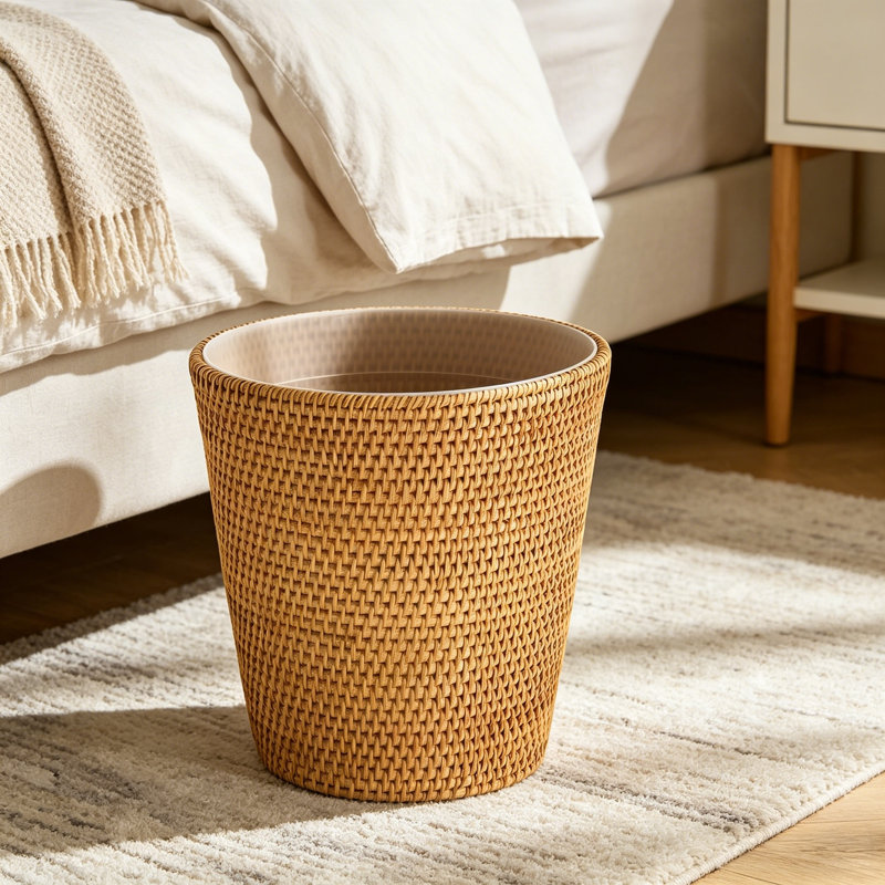 Poubelle de salle de bain en rotin naturel tissé - sans couvercle, style minimaliste. Rangement de salle de bain alliant esthétique et fonctionnalité.