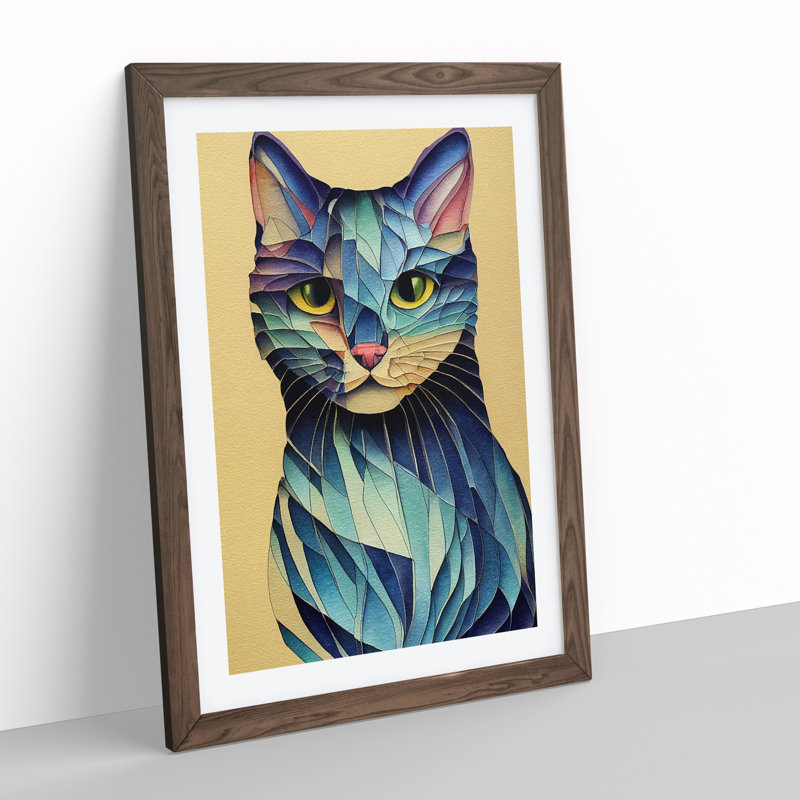 Colourful Cat No.3 Abstract - Wall Art, 48cm H x 36cm W, Walnut Framed, White