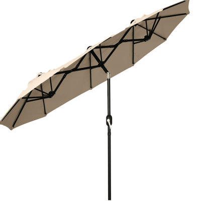 9.5' Double Outdoor Umbrella With Tilt And Crank System, 3 Vents, 12 Ribs, Brown For Garden Relax Large Pool Sunshade, Push Button Tilt, Crank, Air Brown,