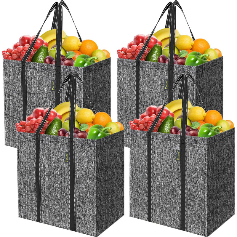 Ensemble de 4 sacs de rangement réutilisables avec fond renforcé et pliable, gris