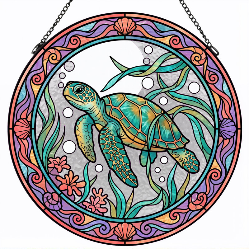 Panneau de vitrail de tortue de mer ， H 12 po, H 12 po