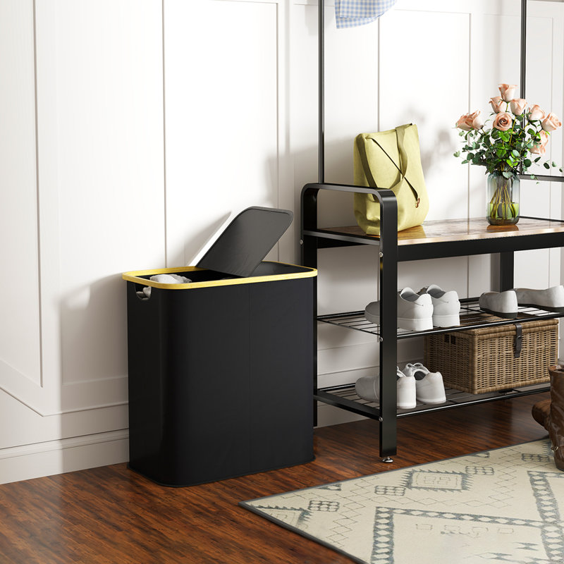 HOMCOM Double Laundry Basket with Lid 80L Collapsible Groove Handles Black