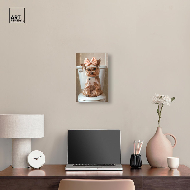 Cute Yorkie on the Toilet Canvas Glam Bathroom Art by , Wrapped Canvasd, 15" H x 10" W