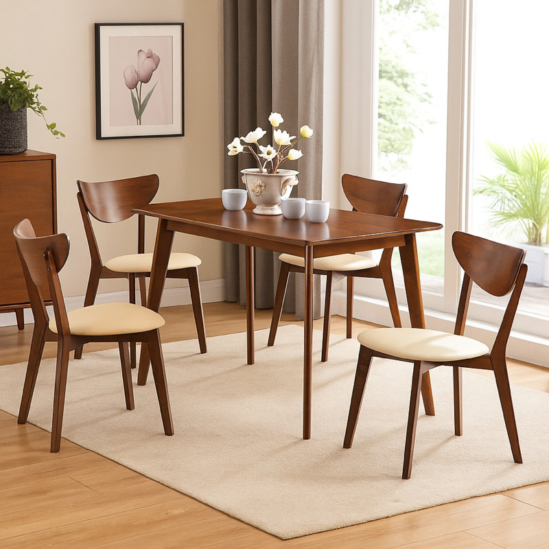 Kosy 5Pc Dining Table N 4 Chair Set, Chestnut Brown, Tan Faux Leather