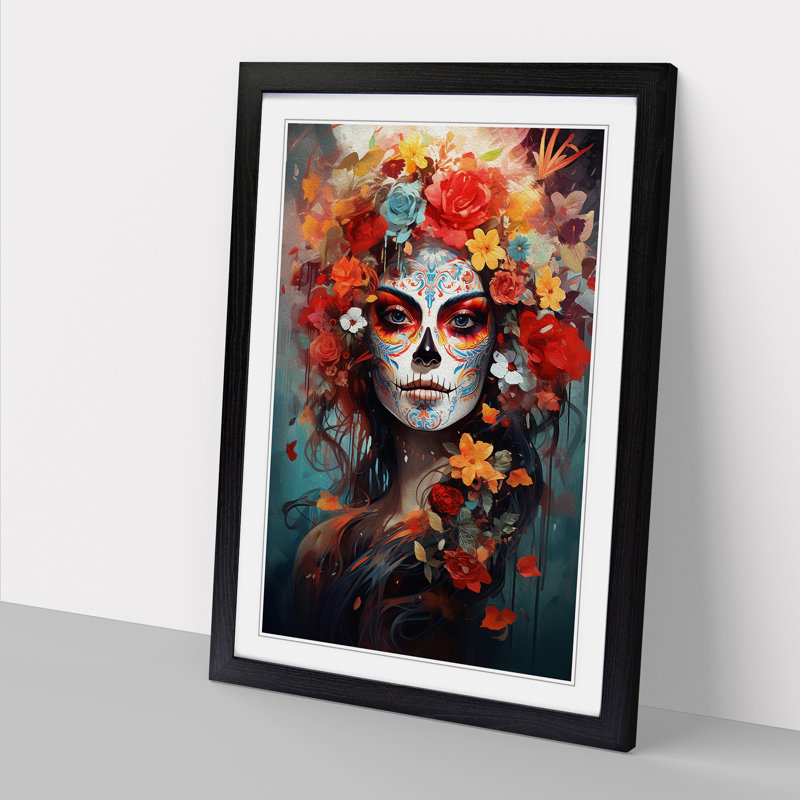 Sugar Skull Contemporary - Single Picture Frame Print on Wood, 46cm H x 34cm W x 2cm D, Black