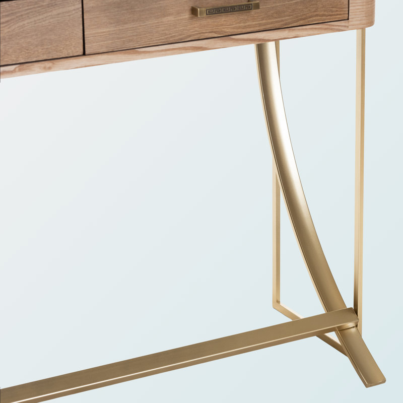 Console à deux tiroirs en bois brun avec accents dorés, H 29,33 po x l 42,33 po x P 15,93 po