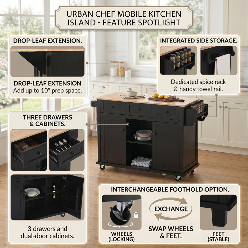 kitchen Cart with Rubber wood Drop-Leaf Countertop in Black｜Cabinet door internal storage racks｜Smooth Rolling & Lockable Wheels ｜ Storage Cabinet and 3 Drawers for Dinning Room