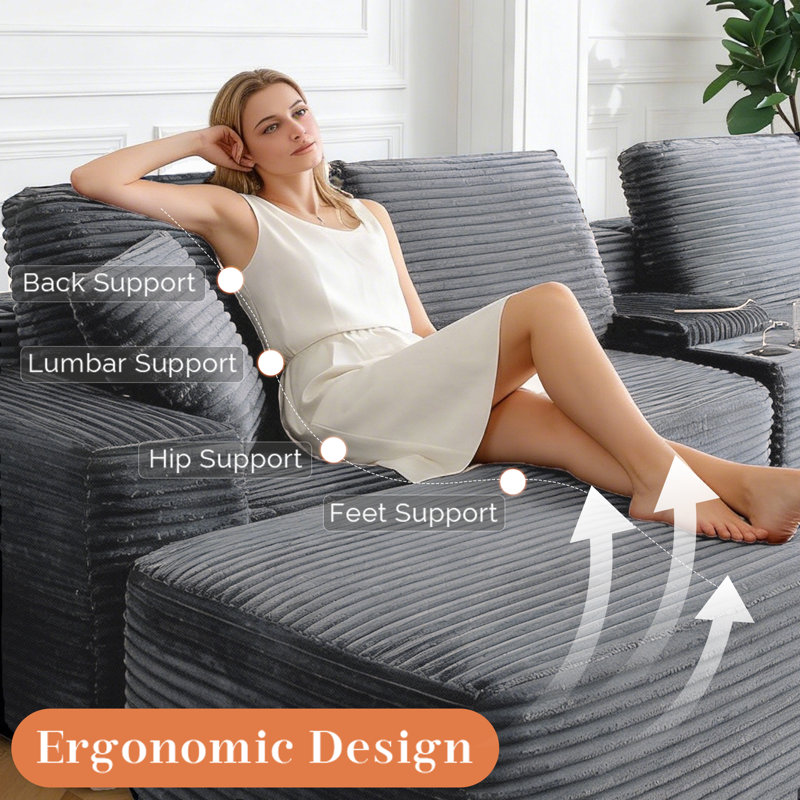 125" Cloud Boneless Sofa Couch with Cup Holder & Storage, Modern Corduroy U Shaped Modular Sectional Sofa with Deep Seat, USB Ports, No Assembly Required, Comfy Compression Couches for Living Room