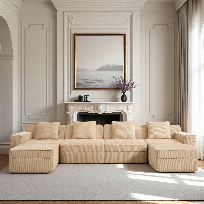 Canapé modulaire modulaire à 4 places en forme de U sans os, canapé modulaire Cloud avec assise profonde, canapé modulaire moderne à 4 places avec 2 repose-pieds mobiles, tissu en velours côtelé