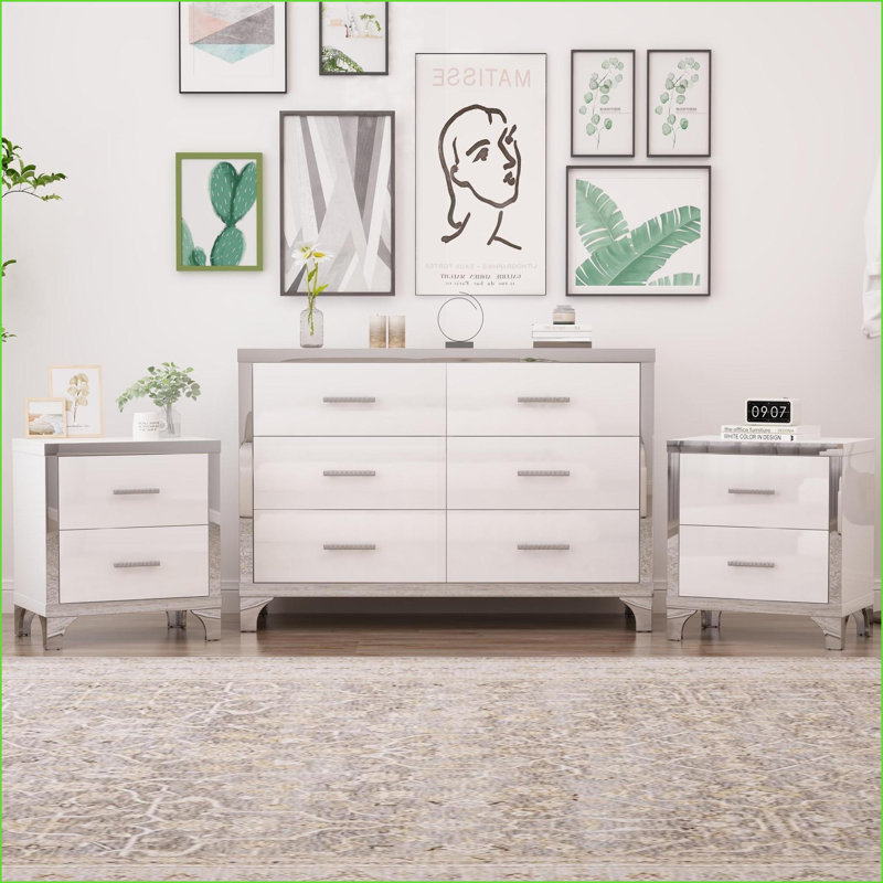 Ensemble de mobilier de chambre à coucher contemporain 3 pièces commode blanc aggloméré et amp; 2 tables de chevet avec miroir | Commodes combinées | Panneau de fibres à densité moyenne