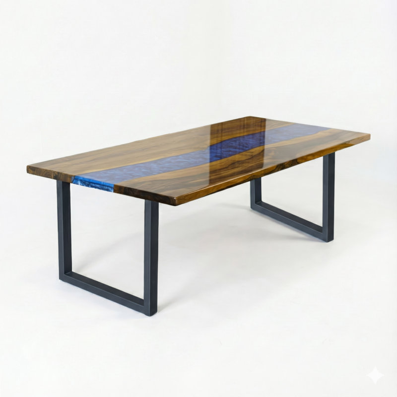 Table époxy bleue avec pieds en métal