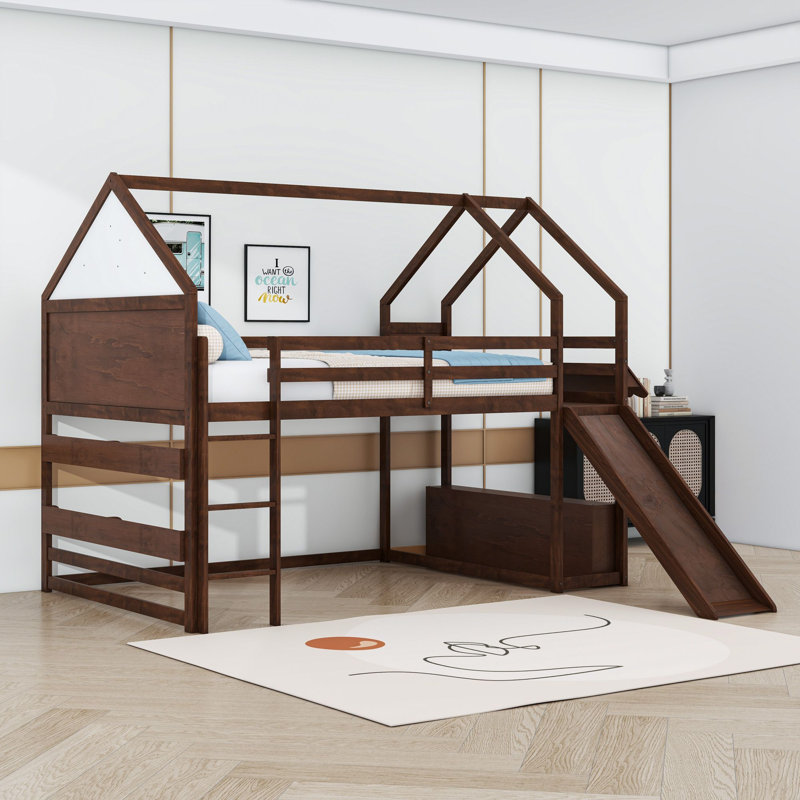 Lit mezzanine avec glissade, armoires de rangement et étagères, Lit double, Noyer