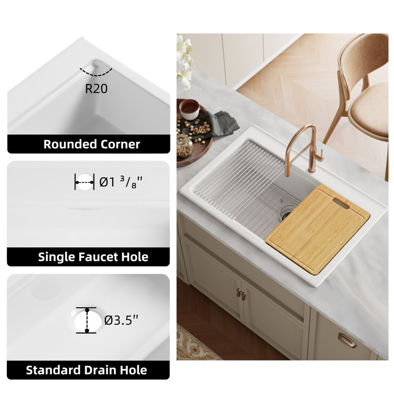 Évier de cuisine blanc encastré en argile réfractaire simple avec trou pour robinet, grille inférieure et crépine