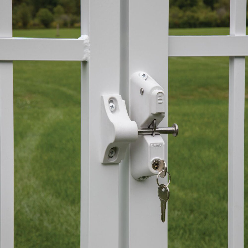 Locking Gravity Latch with Two-Sided Key Entry and Push Button, White