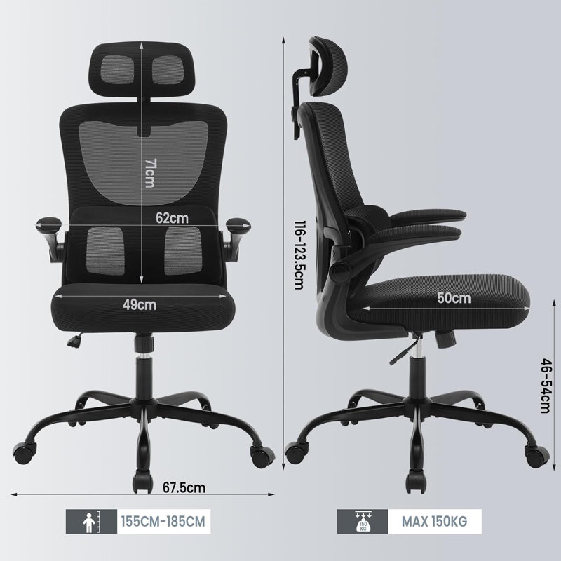 Geralde Office Chair with Headrest, Black, Black