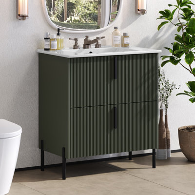 30" Bathroom Vanity With Ceramic Sink And Full-Extension Drawers, Soft Close Undermount Drawer Slides, Fluted Design, Green