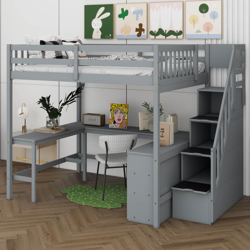 Wood Full Size Loft Bed Frame With Built-In L Shaped Desk & 3 Storage Shelves & Attached Storage Stairs For Kids, No Box Spring Needed