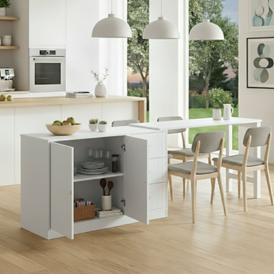 Buffet 89,73 pouces multifonctionnel avec plateau de table extensible à deux portes et trois tiroirs en bois
