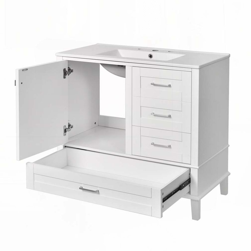 Meuble-lavabo moderne 36 po avec cadre en pin massif, 1 porte à fermeture douce et 3 tiroirs, armoire de rangement moderne