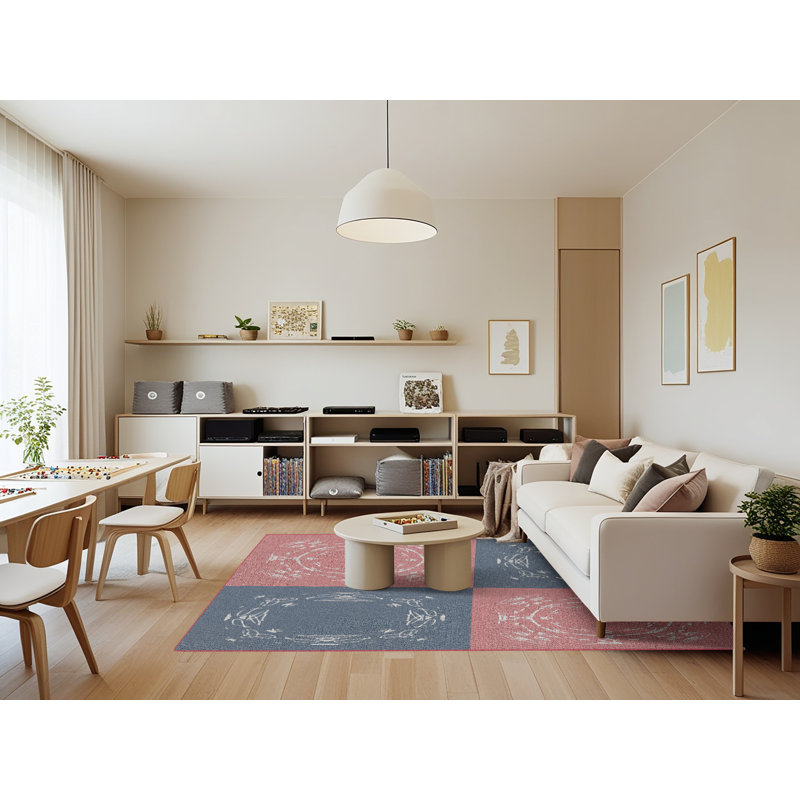 Tapis gris/zone rose à motifs, Rectangle 7 pi x 9 pi