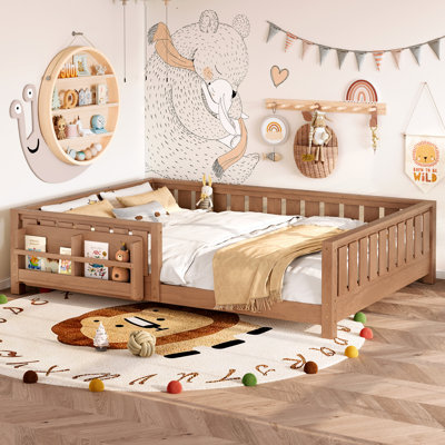 Queen Floor Bed With Slats And Safety Guardrail, Queen Size Montessori Floor Bed With Fence And Built-in Bookshelf, Easy Assemble Montessori Beds For Kids, Girls, Boys, Natural