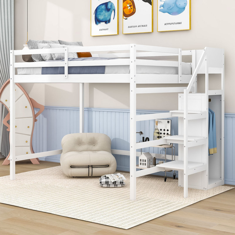 Gugna Full Loft Bed with Storage Wardrobe and Stairs by Harriet Bee, White