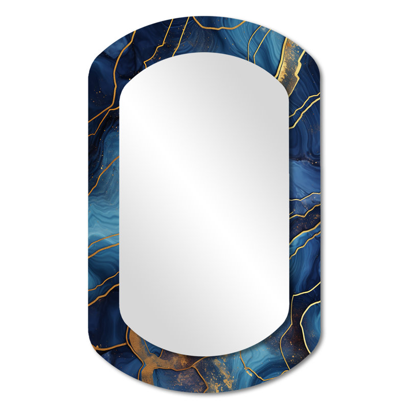 Miroir mural bleu et or abstrait en marbre V - Abstract, 31 po x 19 po