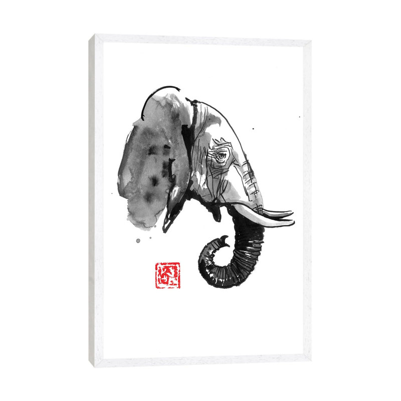 Elephant Profile by Péchane - Painting on Canvas, 101.6 cm H x 66.04 cm W, White Framed