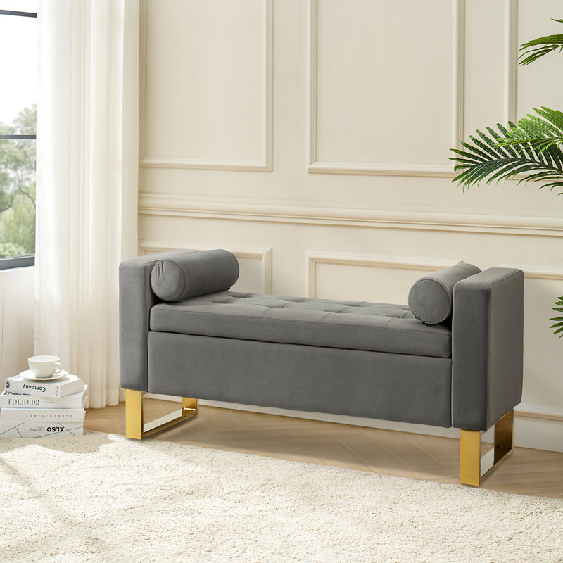 Vallejo 50.4'' W Modern Upholstered Flip Top Storage Bench with Two Pillows and Tufted, Gray