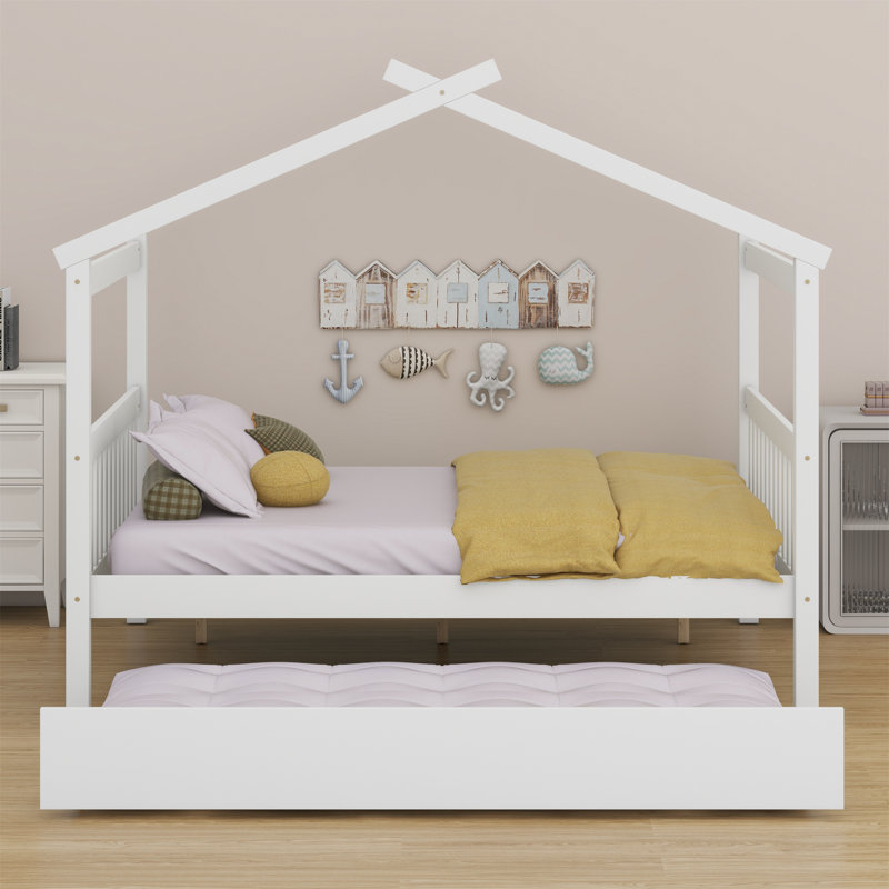 Wooden House Bed With Trundle, White