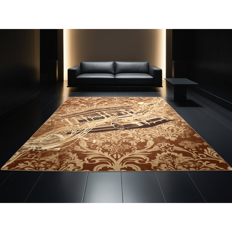 Machine Washable Osnas Parade Float Band Classic Damask Rug in Beige – Beige Binding, 5x7