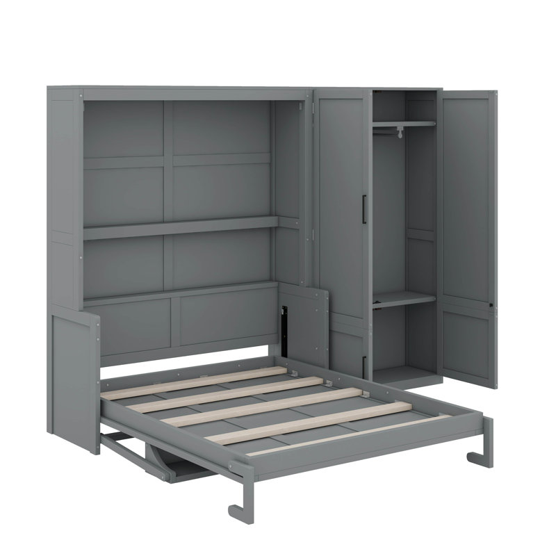 Grand lit escamotable mural avec placard, Gris