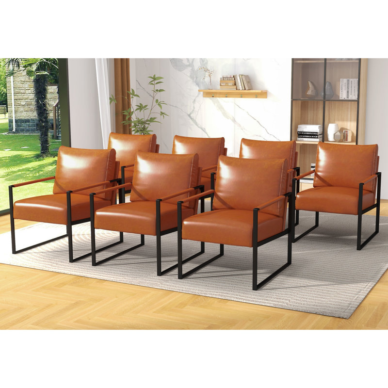 24.6" Wide Minimalist Soft Cushioned Back Upholstered Sled Base Arm Accent Chair (Set of 7), Brown Faux Leather
