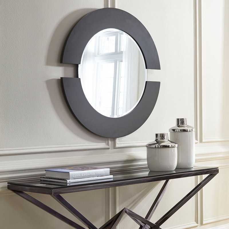 Agatie Round Beveled Wall Mirror with Partial Wood Frame, Matte Black